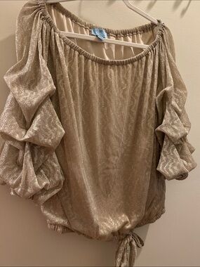 CeCe Shimmery Taupe Off-Shoulder Blouson Top with Tie Hem